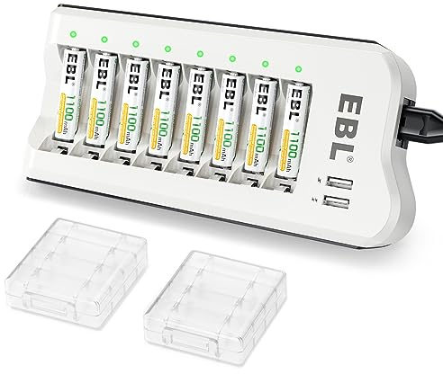 EBL AA AAA Battery Charger with AAA Rechargeable Batteries - 1100mAh NIMH AAA Battery Triple A Battery 1.2V 8 Packs and 8 Bay Battery Charger Independent Charger Combo
