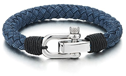 COOLSTEELANDBEYOND Large Blue Braided Cotton Rope Mens Womens Stainless Steel Nautical Screw Anchor Shackle Wrap Bracelet