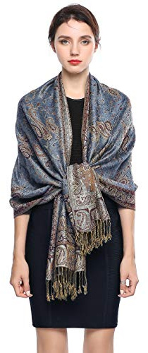 EASE LEAP Écharpe Pashmina pour Femme Châle Paisley Hijab de couleur chaude avec empiècements soyeux et sensation de luxe dans les couleurs vives avec des franges/(14-Rang bleu)