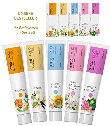 UMIDO 5 Stück Set Hand-Lotion Set 45 ml | Ringelblume | Vanille | Sonnenblume | Rice Milk & Cherry Blossom | Holy Lotus & Bergamotte | Handcreme | Pflegecreme | Lotion | Handcreme