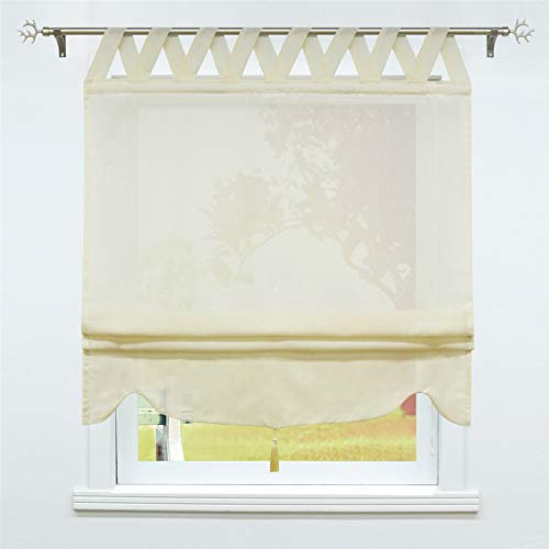 SCHOAL Raffrollo mit Schlaufen Halbtransparente Raffgardine Landhaus Schlaufenrollo Gardinen Leinen mit Kreuzschlaufen 1 Stück BxH 100x140cm Beige