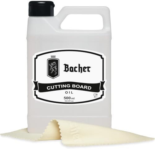Bacher Schneidebrett-Öl - 500 ml - Mineralöl Lebensmittelecht, Paraffinöl | Made with UltraPure™ Mineral Oil | Hackblock, Bambus | Wird nie ranzig | Kanister mit Griff | Mit Chamois-Tuch