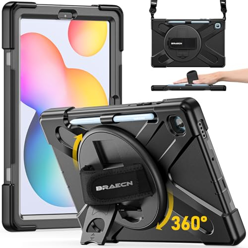 BRAECN Funda para Samsung Galaxy Tab S6 Lite - 10.4 Pulgadas 2024/2022/2020 | Carcasa Rugosa con Soporte de Rotación de 360°, Correa de Mano/Hombro, Carcasa Antichoque para Tab S6 Lite 10.4, Negro