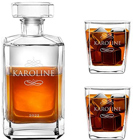 Maverton Whiskey Karaffe + 2/4 / 6er Whiskygläser Set mit Gravur - 700ml Whisky Dekanter - Geschenk zum Geburtstag für Damen - Name