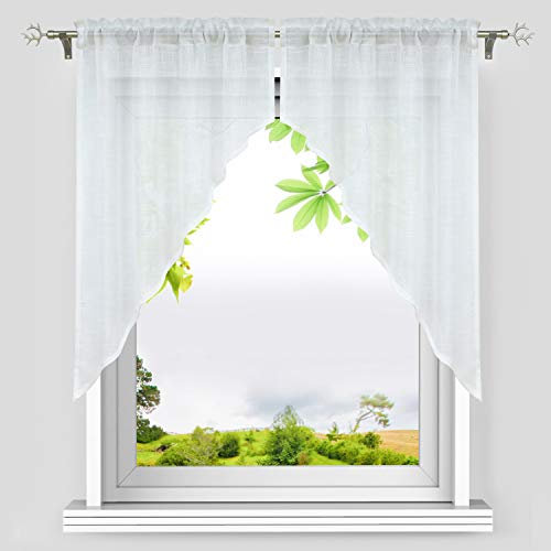 HeichkelL Leinen-Optik Scheibengardinen 2-TLG. Kleinfenster Gardine mit Tunnelzug Elegante Bogen Kurzstores Küchengardinen aus Leinen Weiß BxH 92x92 cm (Jedes Stück)