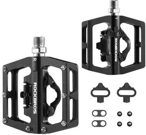 ROCKBROS MTB Mountain Bike Pedals Compatible with SPD Mountain Bike Dual Function Sealed Clipless Aluminum Bicycle Flat Platform 9/16 Pedals with Cleats for Road, MTB, Mountain Bikes