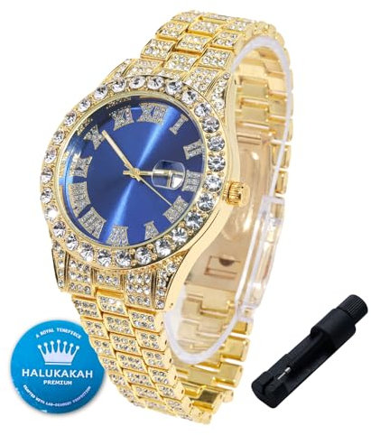 Halukakah Diamanten Gold Uhr für Jungen,Teenager,Kinder - 18K Echtgold Platiniert,42mm Blaues Zifferblatt,Japanisches Quarzwerk - 20cm Länge,mit Uhren Anpassungswerkzeug - für Geburtstage,Partys