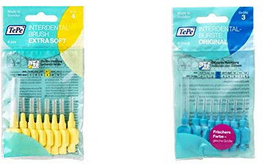 TePe Interdentalbürsten Extra Soft Gelb (ISO Größe 4: 0,7 mm) 1 x 8 Interdental Bürsten & Interdentalbürste Blau ISO-Größe 3 (0,6 mm) / 1 x 8 Interdentalbürsten