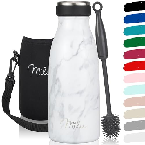 Milu Edelstahl Trinkflasche 350ml, 500ml, 750ml, 1L, 1,5L – Thermosflasche für Kinder Erwachsene auslaufsicher Isolierflasche Kohlensäure geeignet– inkl. Reinigungsbürste (Marble, 350ml)