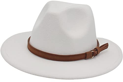 Faringoto Fedora Damen Vintage Wollfilz Hut Unisex Breite Krempe, weiß, Medium