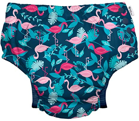 i play. by green sprouts Reusable, Eco Snap Swim Diaper with Gussets, UPF 50, Patented Design, STANDARD 100 by OEKO-TEX Certified - Navy Flamingos - 12 mo
