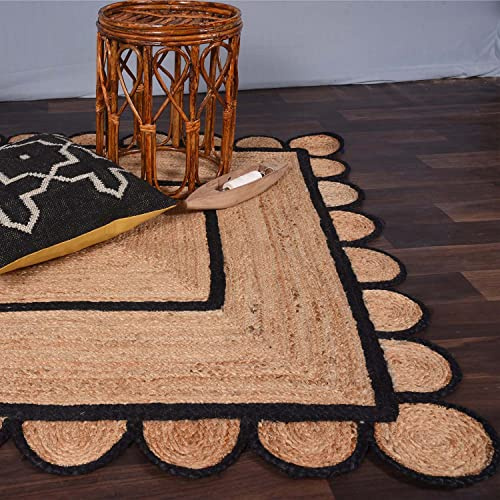 Ripaz Vogue - Jute Rug with Black Border Scallop Desigen Hand Woven Rectangle Area Rug For Living Room (90 x 150 cm (3x5 Feet))