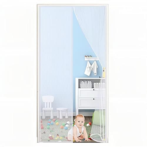 Mosquitera puerta lineal de fibra de vidrio tira rascadora repelente de insectos, 125x235cm, manos libres, fácil de instalar, Blanco