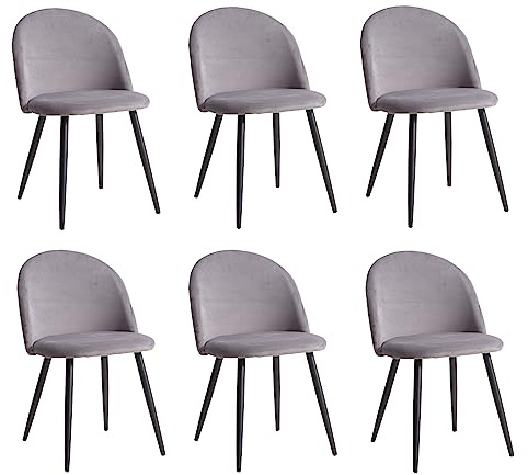 BenyLed Juego de 6 Sillas de Comedor Tapizadas, Sillas Ergonómicas con Asiento y Respaldo de Terciopelo Suave, Patas de Metal Ajustables, Sillas Auxiliares para Comedor, Salón, Dormitorio, Gris
