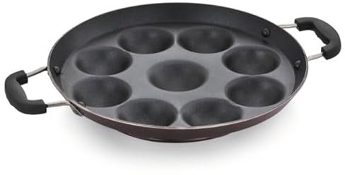 Sterling Ventures Steamer with Steel Cap Non Stick Lid South Indian Idli Appams, Paniyarams Kuzhi Gunta Ponganalu Neyyappam Chocolate Walnut Muffins Pan Maker with 9 pits Scoops Aluminium