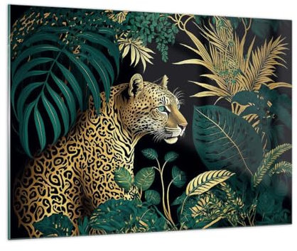 Moderne Impression sur Verre 100x70cm Image Tableau en Verre Decoration Murale Léopard Jungle Tropical Grand Tableaux Decoratifs Muraux Chambre Cuisine Horizontal Deco Cadre Salon Art GAA100x70-5720