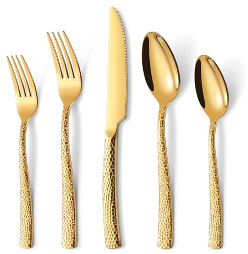 30 Teiliges Besteck Set 6 Personen Gold, Verdickter Edelstahl Besteckset mit Gehämmert Griff, Essbesteck Set mit Messer Gabel Löffel, Spiegel Polierter Spülmaschinenfest