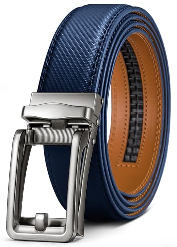 KEMISANT Cintura Uomo,Cintura Pelle a Cricchetto con Fibbia Automatica Per Uomo,Vestito Casual,Pantaloni,Jeans,Taglio Per Vestibilità(Blu Navy,125cm/36-42vita regolabile)