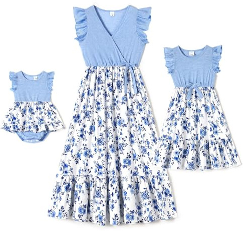 IFFEI Mutter Tochter Kleider Partnerlook Midikleid mit Flattersärmeln & Tupfen, Sommerliches Set für Mama & Mädchen Ideal für Familienfotos & Freizeit 3-4 Jahre Blau