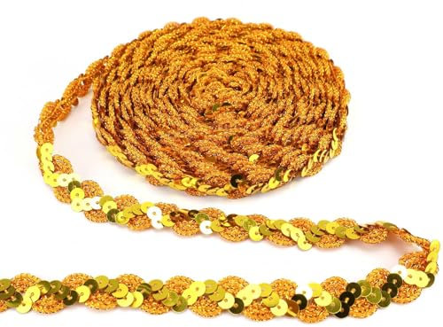 FINELYCR 25 M Paillettenband Gold, Paillette Trim, Wohnung Paillettenband Glitzer, S-Förmiger Gewellter Paillettenbesatz, Geeignet für Bühnenkostüme, Vorhänge und DIY-Kopfbedeckungen (15 mm)
