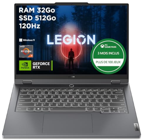 Lenovo Legion Slim 5 14APH8 - Ordinateur Portable Gaming 14.5'' WQXGA+ 120Hz (AMD Ryzen 7 7840HS, RAM 16Go, SSD 512Go, NVIDIA GeForce RTX 4050-6GB, Windows 11 Home) Clavier AZERTY Français - Gris