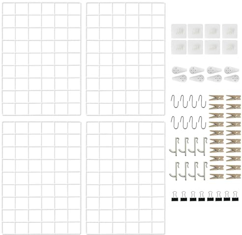 CIKLCIX Weißes Wandgitter, 17.3×11.8 Gitter-Pinnwand, 4er-Set | Metall-Drahtgitter für Fotos, Notizen und Deko, Grid Wall Panel mit Klammern und Hake