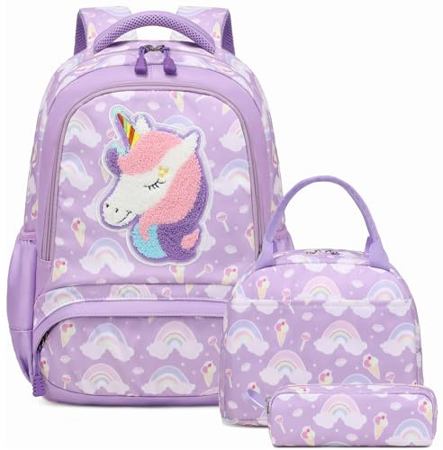 Kimwadalh Mochilas Niñas Unicornio Mochilas Niña Primario Arco iris Bolsas Unicornio Niñas 3 en 1 Set de Mochilas Escolares para Niñas Cute Girls Rainbow Backpack