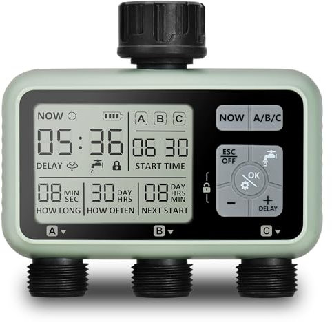 Johgee 3 Zone Water Timer for Irrigation, Sprinkler Timer 3 Outlet, Garden Hose Timers, Garden Watering System Irrigation System Controller with Auto & Manual Mode, Rain Delay for Lawn