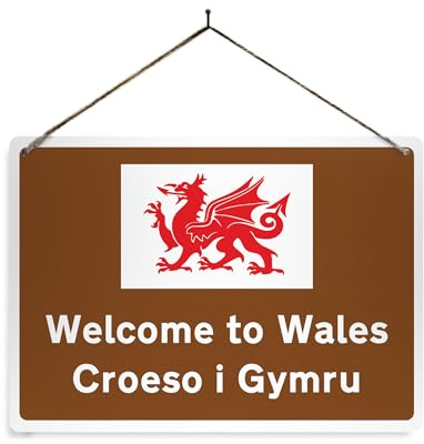Welcome to Wales. Clean print metal sign with 2 holes and twine. Croeso i Gymru M4 Road