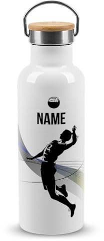 PR Print Royal Edelstahl-Trinkflasche für Sportler mit Name selbst gestalten - Volleyball - Geschenk Sportler, Personalisierte Geschenke für Männer | Thermosflasche Weiß, 500 ml