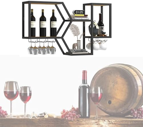 Portabottiglie da Parete con Portabicchieri Porta Bottiglie di Vino da Parete con Porta Bicchieri Sospesi Cantinetta Vino con Porta Calici Scaffale da Parete Mensole Cucina per Sala da Pranzo Bar Cuci