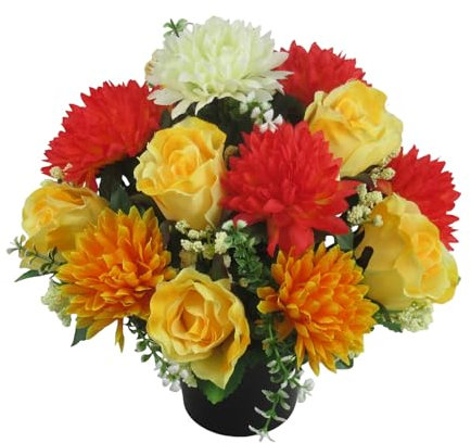 Artificial Grave Flower Arrangement in Autumn Colours with Yellow Rosebuds and Orange/Yellow Chrysanthemums – 24cm – Long lasting outdoor arrangement