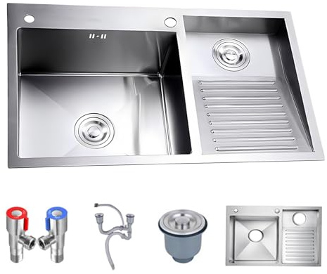 Fregadero De Acero Inoxidable Con Tabla De Lavar: Lavabo Para Uso General Hecho A Mano Para Lavadero, Taller Y Garaje: Acabado Cepillado Duradero, Lavabo Profundo Con Drenaje Eficiente(Right-a,80cm)