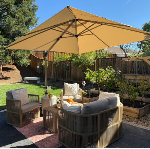PURPLE LEAF Parasol Déporté 3 x 3 m Rotatif 360°, avec Base en Croix, Beige | Disponible en 5 hauteurs, Mât : aluminium 8 cm, couleur champagne, Polyester 240 g/m² – traitement anti-décoloration, Piscine