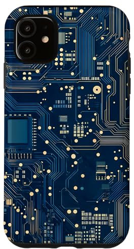 Coque pour iPhone 11 Carte mère bleue vintage à pois avec circuit amusant