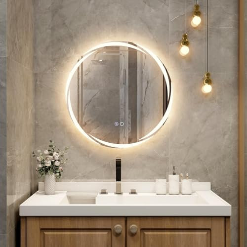 FANTASK Specchio da bagno a LED con illuminazione, 60 cm, rotondo, anti-appannamento, da parete, dimmerabile, con interruttore touch e funzione memoria, per bagno, ovale, 60 L x 60 B cm