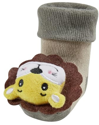 Sterntaler Baby Socken Unisex Rasselsocken – weiche Baumwollsocken mit Umschlag, Innenfutter und Löwen-Motiv – mit Rassel – steingrau, Größe 16