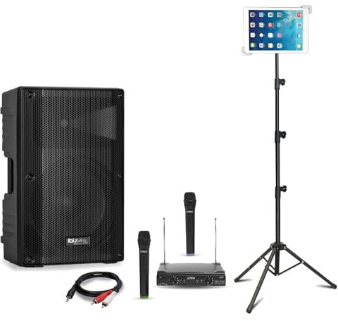 Ibiza - Karaoke-Aktiv-Lautsprecher, USB, Bluetooth, Ibiza XTK10A-MKII 300 W – 2 kabellose Mikrofone – Halterung für Tablet SMM20 – Geburtstag Sono