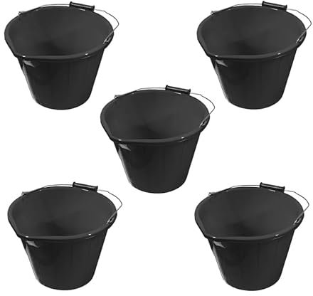 ORGANIZED® Set Of 5-14 Litre Plastic Builders Bucket - Black | 3 Gallon | Water | Mixing | Storage | Strong and Durable with Handle - U.K. Made