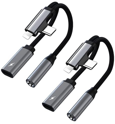 Apitiong USB C/Lightning-kontakt 3,5 mm adapter med PD snabbladdning, typ C/Lightning till AUX-kontakt 2 i 1 för hörlurar, kompatibel med iPhone 16 Pro Max, Ultra/S24/S24 (2 st/silver)