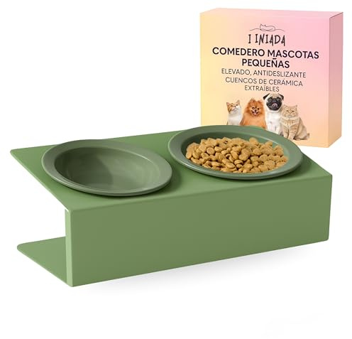 I INIADA Comedero Gato con Cuencos de Cerámica - Comedero Perro Elevado Antideslizante - Cuenco Doble Inclinado 15º para Todo Tipo de Gatos y Perros pequeños.