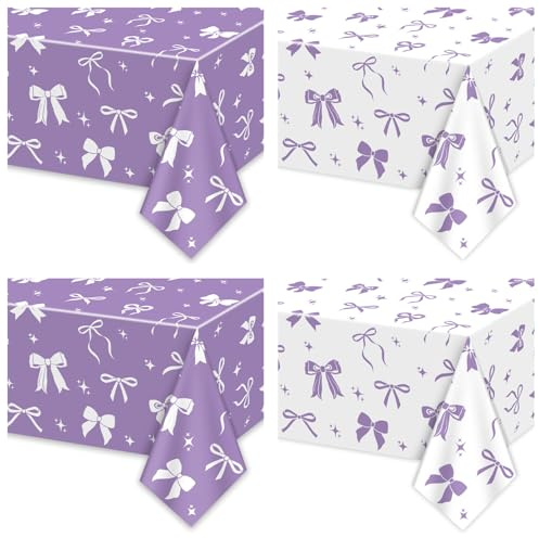 4 tovaglie con fiocco viola, 130 x 220 cm, con fiocco bianco e viola, decorazioni di compleanno per coquette, decorazioni di compleanno, baby shower, forniture per feste