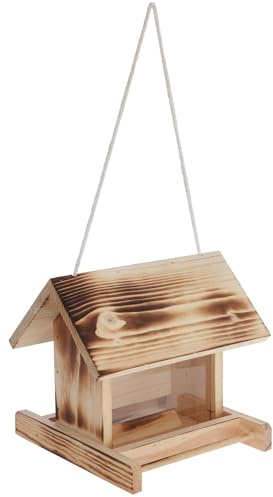 Kerbl Hobbyfarming 87036 Vogelfutterhaus, Aus Holz, Wetterfestes Dach, Schutz durch Glasscheiben, Sichtfenster zur Füllstandsanzeige, Reißfeste Kordel, Mit Sitzstange, Für Wildvögel | Füllmenge 1,4 l, Farbe natur, mit Sitzstange für Vögel, aufklappbares Dach, Vogelhaus, Futterhaus, Modell 87036