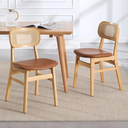 chairus Set di 2 Sedie Cucina in Legno Sedie da Pranzo in Ecopelle Sedia Imbottite con Schienale in Rattan Sedie da Salotto per Sala da Pranzo/Soggiorno/Camera da Letto, Marrone