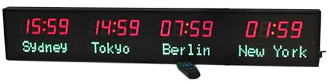 Horloge Mondiale Programmable avec 4 Fuseaux Horaires, Horloge Numérique LED avec Télécommande, 3 Niveaux Réglage Luminosité Et Calibrage Automatique, pour Entreprises,aéroports Et Hôtels
