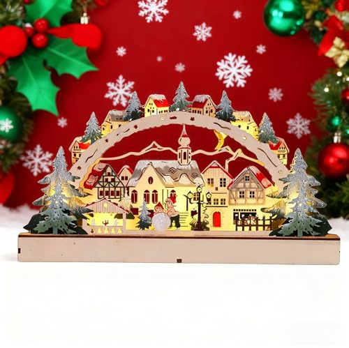 Generico Villaggio di Natale Luminoso in Legno con Arco LED - Casetta Natalizia Illuminata, Luce Calda, Decorazione da Tavolo e Finestra, Idea Regalo Natalizia – Funziona con Batterie