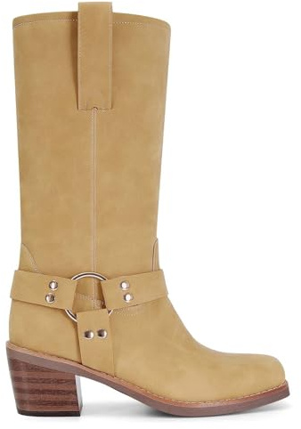 MICIFA Banana Riding Boots for Women Square Toe Cowboy Cowgirl Boots Pull On Mid Calf Biker Moto Boot Chunky Block Heel Western Motocycle Booties with Studs