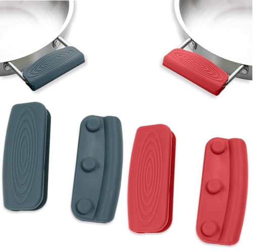 THQAE 4 Piezas Asas de Silicona para Ollas, Agarraderas Silicona para Cocina, Sostenedores de Ollas de Silicona, Mangos de Silicona, Ideal para Sacar Comida Asada | Gris/Rojo
