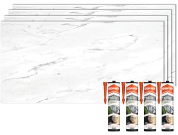 IZODEKOR – SPC Wandpaneel Marmoroptik Weiß 60x120cm – 4 Stück + 4 Kleber – Küchenrückwand, Wasserfest, Hitzebeständig Spritzschutz – PVC Wandverkleidung für Küche & Bad - Oslo Weiß