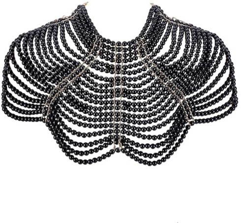 AHANDMAKER Collana per il corpo con perle nere, regolabile, in resina, gioielli gotici, ideale per feste, matrimoni, costumi e come decorazione. 362 mm